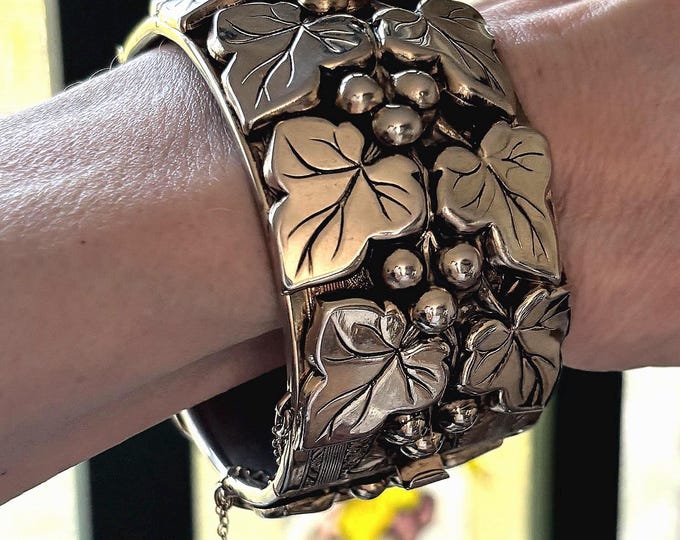 Grape-Vine motif, two-tone vintage Clamper Bracelet ~2-1/2" x 2-1/8", 1-1/2" height