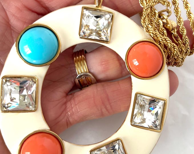 Kenneth Lane (KJL) signed OVERSIZED faux Turquoise, Coral vintage Pendant & chain ~34"