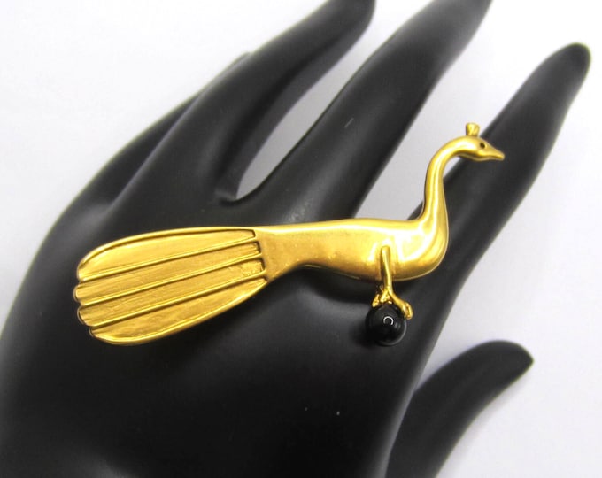 MFA signed Peacock with black bead Pin ~fun, collective costume jewelry