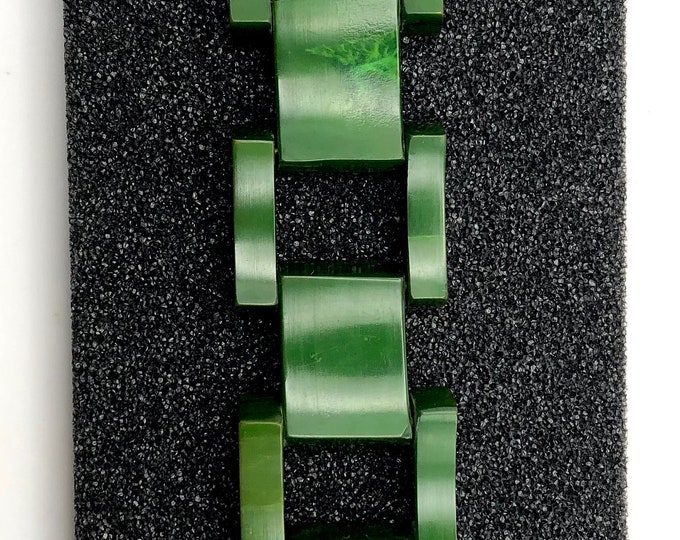 Bakelite GREEN overdyed marbled, paneled, “Industrial Age” link Bracelet ~35 gms, 7-3/4" x 1-3/16" of awesome costume jewelry