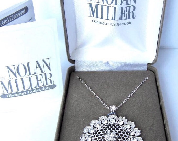 Nolan Miller signed Honey Comb Pendant with crystals, delicate chain, org. box, Romance card ~costume jewelry