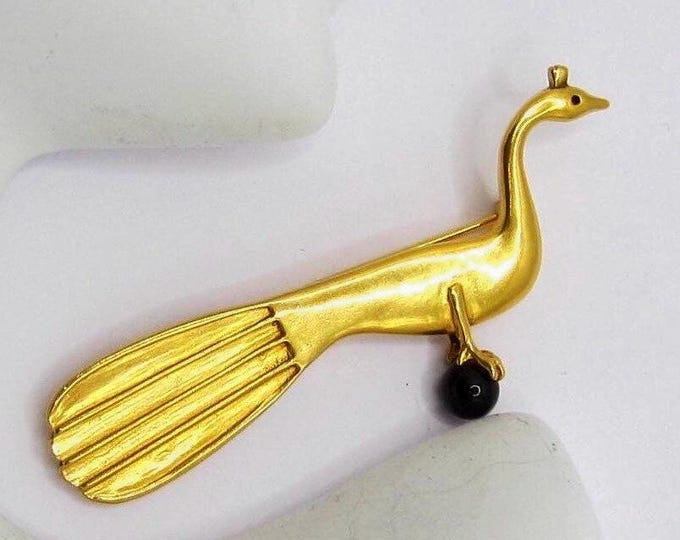 MFA signed PEACOCK bird Pin with black bead  ~whimsical art museum figural vintage costume jewelry
