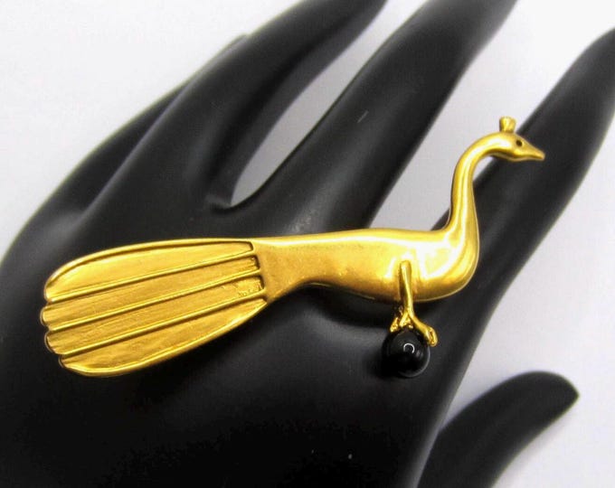 MFA Signed Gold-Tone Peacock Pin with Black Bead – Whimsical Figural Vintage Jewelry