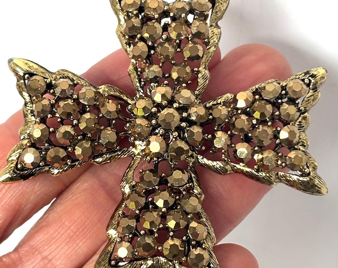 Weiss signed pretty bronze beaded crystal Maltese Cross Pin ~24 gms, 2-1/2" of vintage costume jewelry