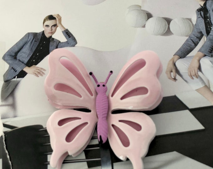 Ballerina Pink, Orchid, and Black metal & enamel "Flower Power" Butterfly Pin ~fun, mid-century costume jewelry