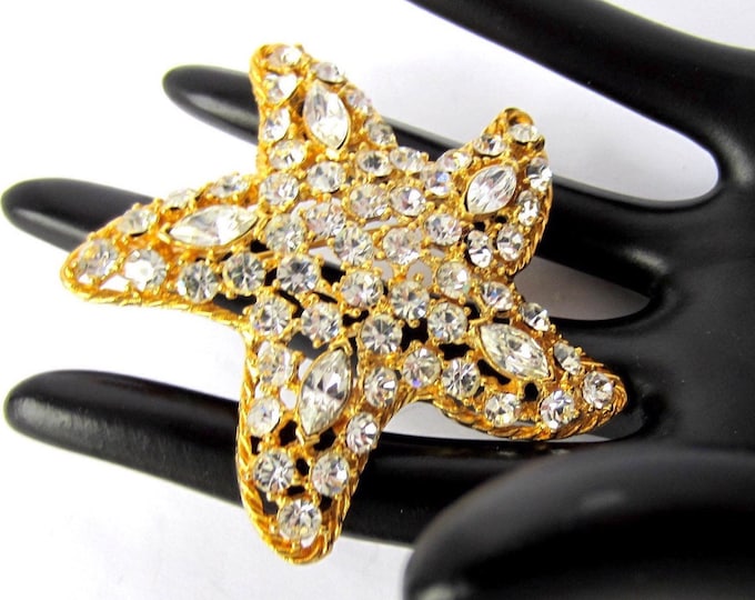 signed "M JENT" stylized, Sea Life starfish crystal PIN ~pretty vintage costume jewelry