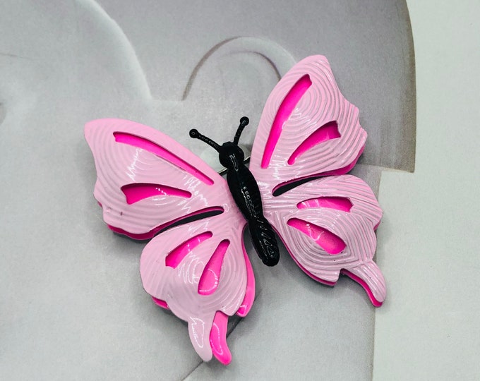 Neon Pink and Black metal, enamel "Flower Power" Butterfly Pin ~fun, mid-century costume jewelry