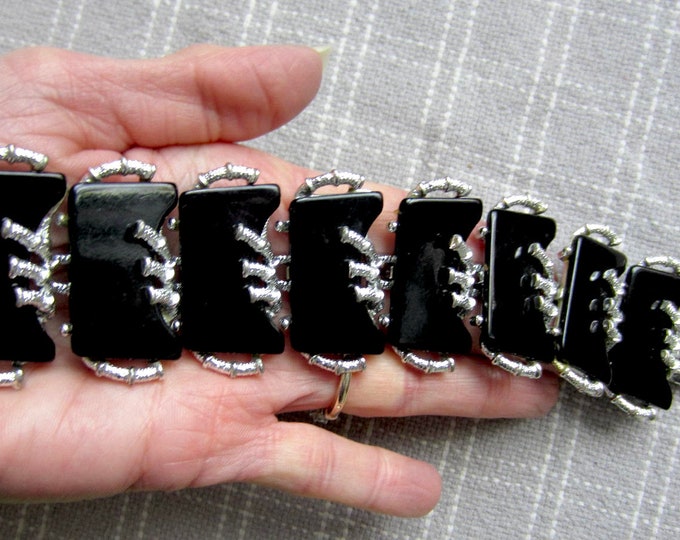 Black Bakelite tested Asian-motif inspired panel Bracelet signed "ART" ~72 gms; ~7-1/4"; wonderful vintage costume  jewelry