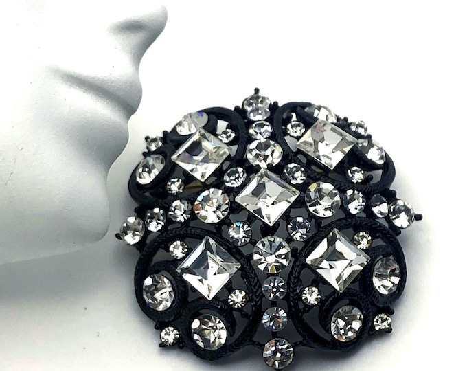 M Jent signed clear crystal & Black enamel domed Pin ~32 gms of outstanding vintage costume jewelry