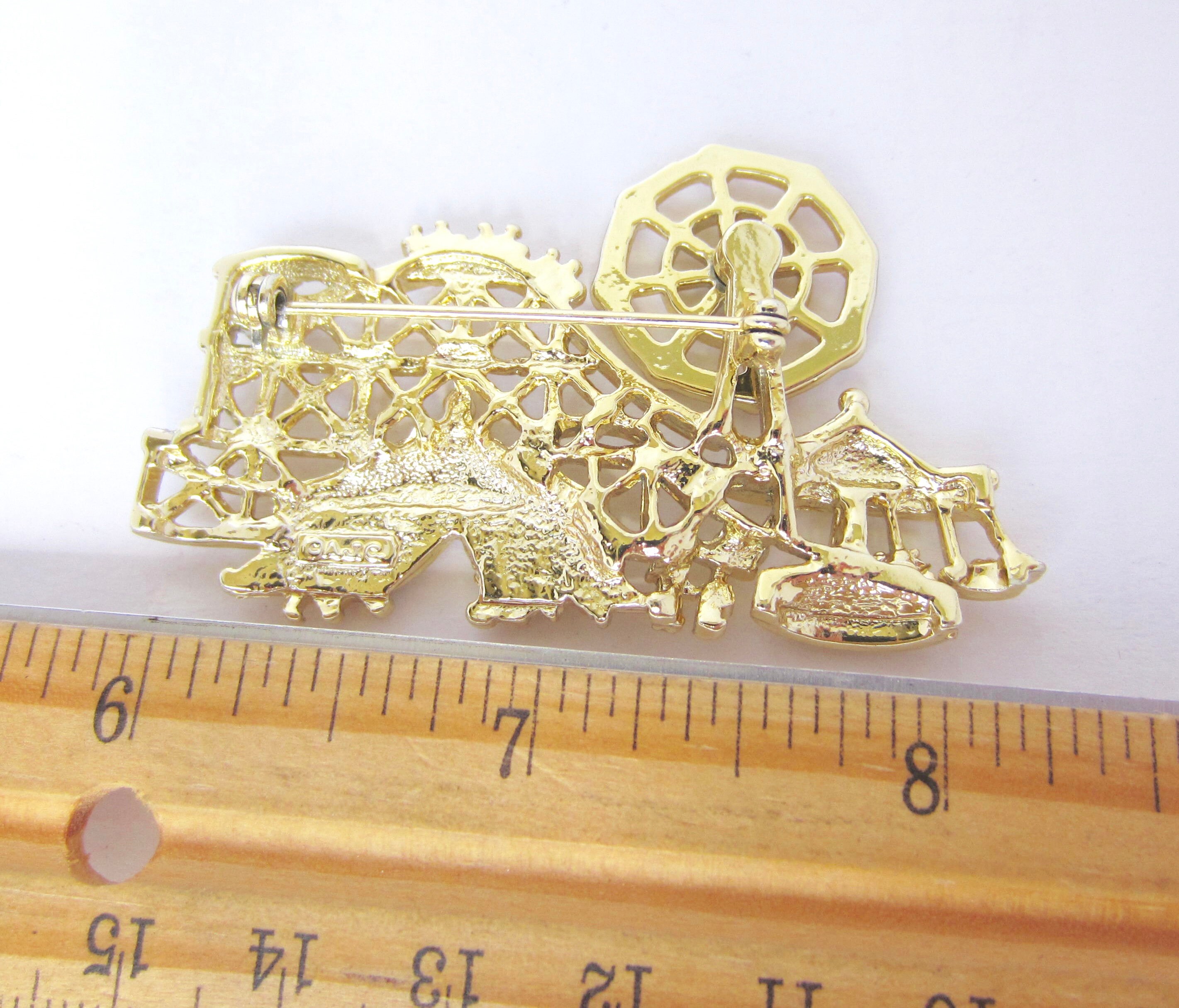 AJC signed whimsical circus / amusement park PIN with REVOLVING Wheel fun, vintage costume jewelry