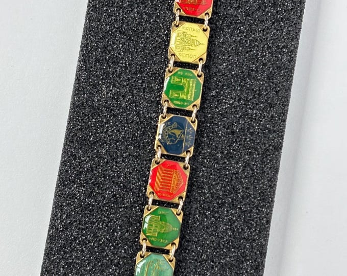 Paris, France, souvenir panel Bracelet with enameled landmarks ~7-1/2" vintage costume jewelry