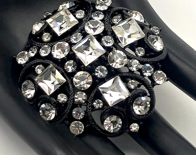M Jent signed clear crystal & Black enamel domed Pin ~32 gms of outstanding vintage costume jewelry