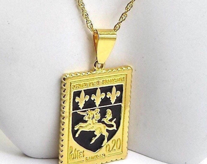 Joan Rivers signed Fleur de Lis & Unicorn “postage stamp" Pendant, original chain ~29” of fun, hard-to-find, costume jewelry