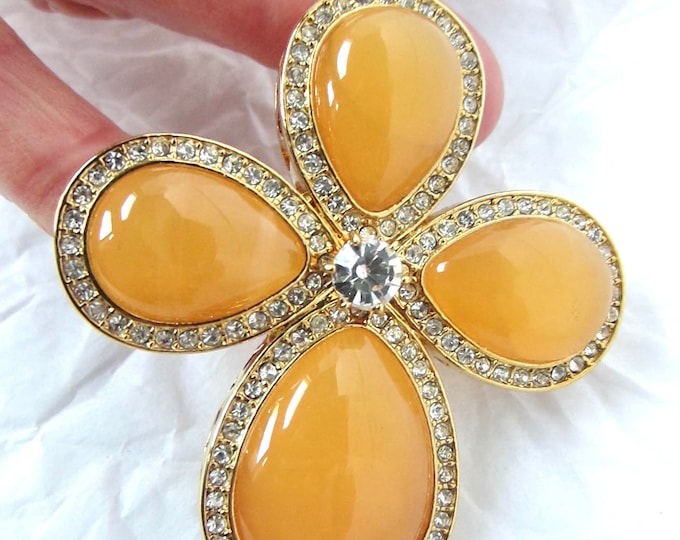 Nolan Miller signed orange amber crystal beaded Maltese Cross Enhancer & chain with org. box ~classic Miller costume jewelry