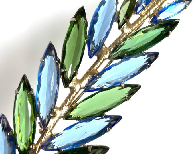 Juliana inspired feather/floral spray Brooch ~awesome oversized pin measuring ~4-1/2" x 1-1/4" with blue, green crystals