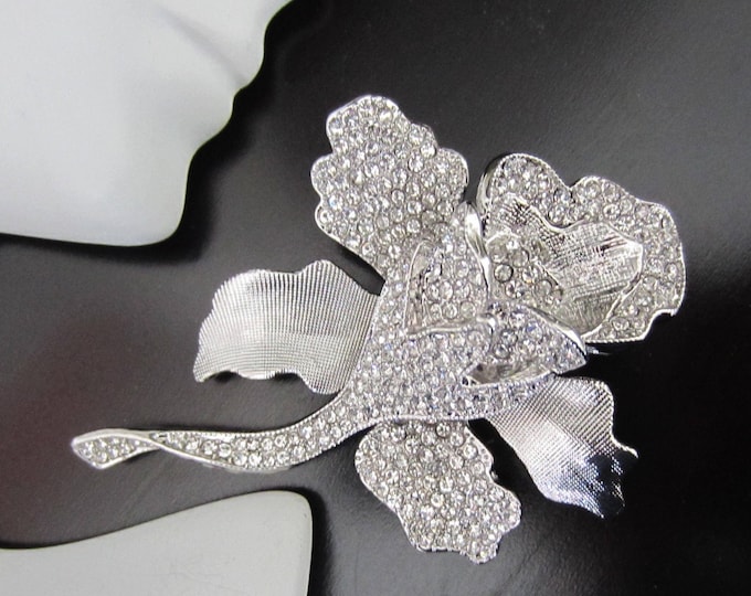 Joan Boyce signed romantic ROSE pin with crystals & gunmetal finished ~pretty vintage costume jewelry