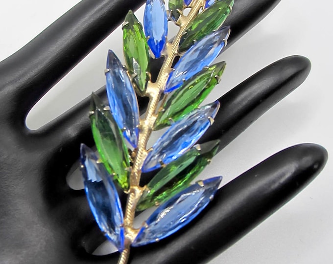 Juliana inspired feather/floral spray Brooch ~awesome oversized pin measuring ~4-1/2" x 1-1/4" with blue, green crystals