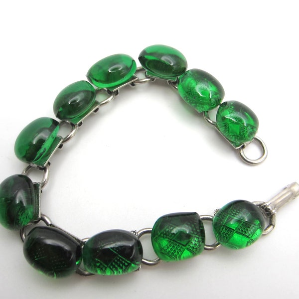 Jelly Belly emerald green lucite panel Bracelet ~7-1/4" unique vintage costume jewelry