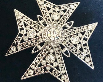 Nolan Miller signed Maltese Cross silver tone crystal Pin in original box ~2-1/4” lovely, vintage costume jewelry