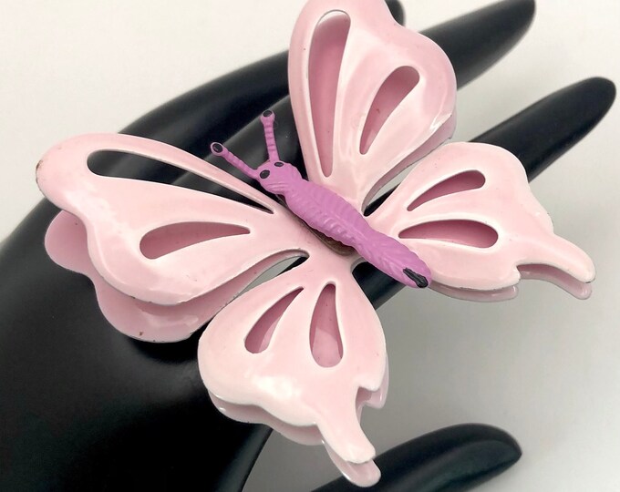Ballerina Pink, Orchid, and Black metal & enamel "Flower Power" Butterfly Pin ~fun, mid-century costume jewelry