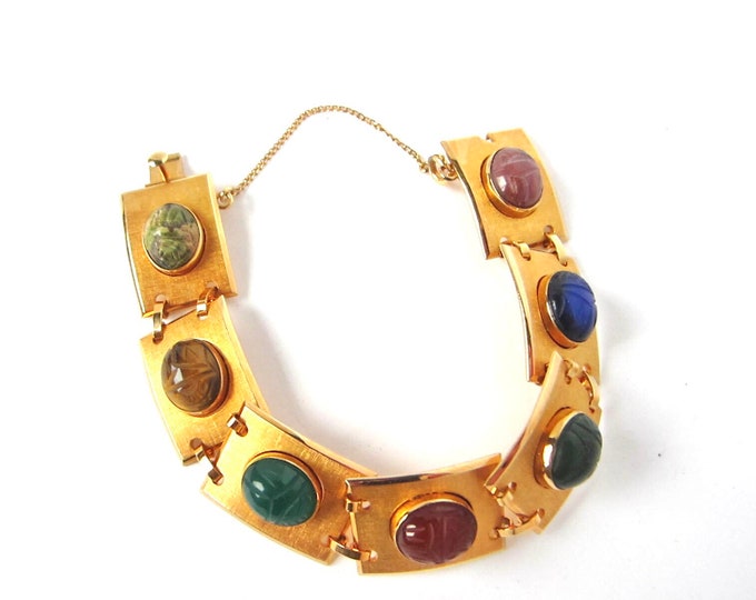 12-kt gold filled Pretty Scarab signed "1/20 12KGF" panel Bracelet with safety chain ~32 gms of outstanding, vintage costume jewelry