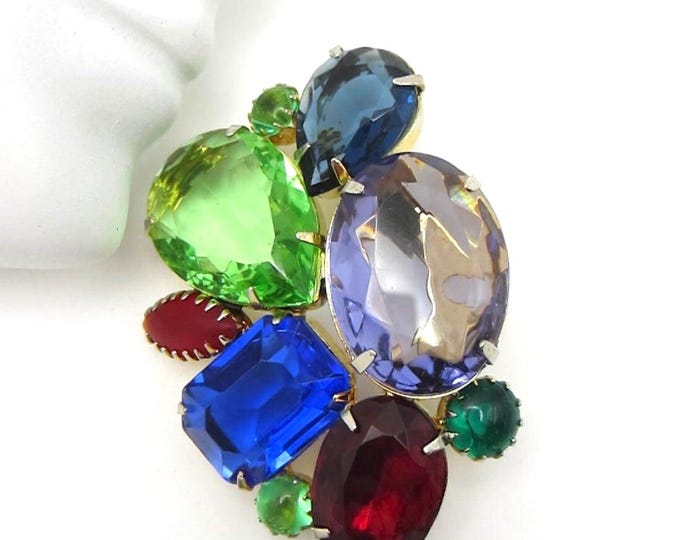 Fruit Salad Pin with green, blue, purple, & red crystals ~2-9/16" x 1-9/16", 23 gms of wonderland vintage costume jewelry