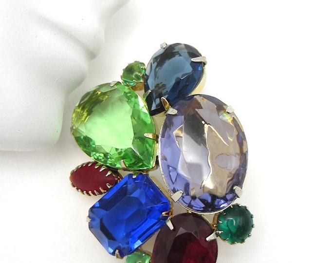 Fruit Salad Pin with green, blue, purple, & red crystals ~2-9/16" x 1-9/16", 23 gms of wonderland vintage costume jewelry