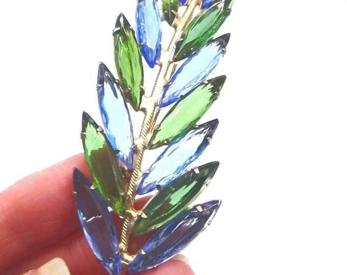 Juliana inspired feather/floral spray Brooch ~awesome oversized pin measuring ~4-1/2" x 1-1/4" with blue, green crystals