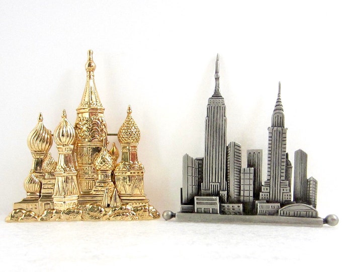 JJ signed Set: Russian Cathedral and New York, NY 1988 brooches ~vintage costume jewelry