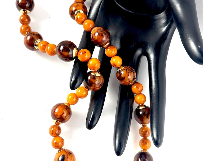 Bakelite tested Butterscotch, cocoa Marbled beaded Necklace ~21” length, ~43 gms with dramatic vintage beads