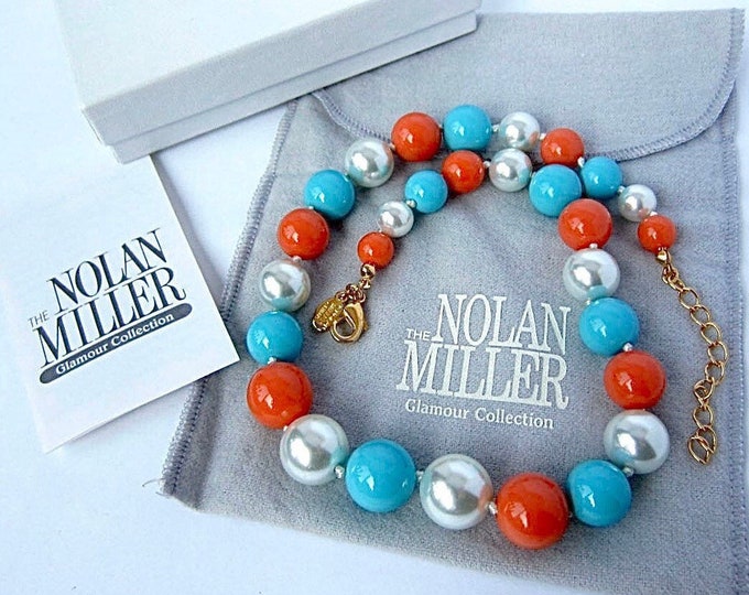 Nolan Miller signed Hand-Knotted, faux turquoise, coral, pearl beaded Necklace, org. box, pouch, warranty ~pretty, vintage costume jewelry