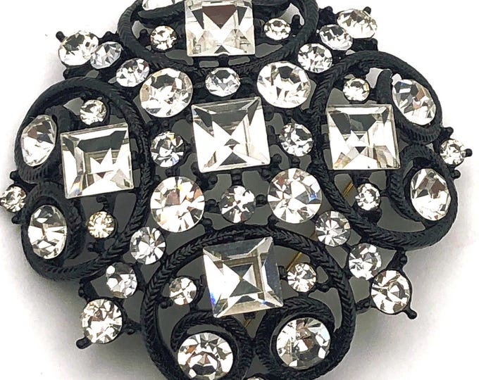 M Jent signed clear crystal & Black enamel domed Pin ~32 gms of outstanding vintage costume jewelry