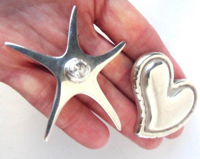 Mexico Sterling Silver (925) signed Puff Heart & Star Pin Set ~28 gms of pretty, vintage jewelry