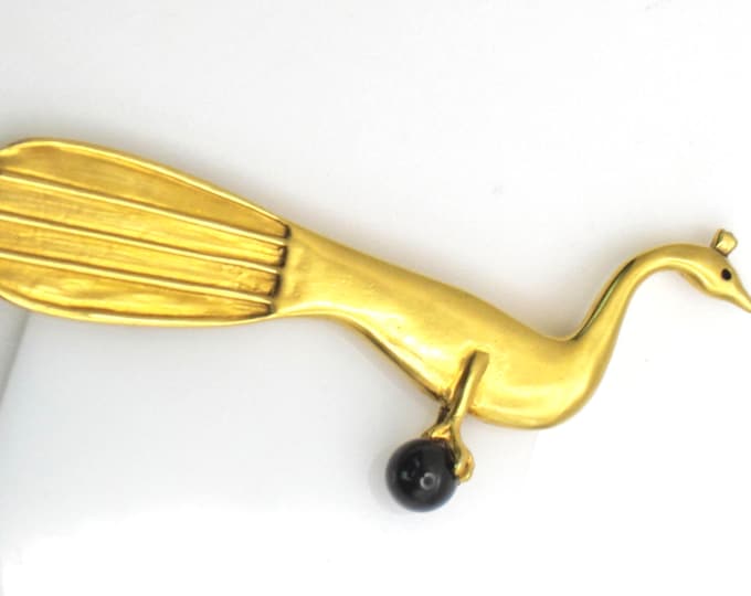 MFA signed PEACOCK bird Pin with black bead  ~whimsical art museum figural vintage costume jewelry