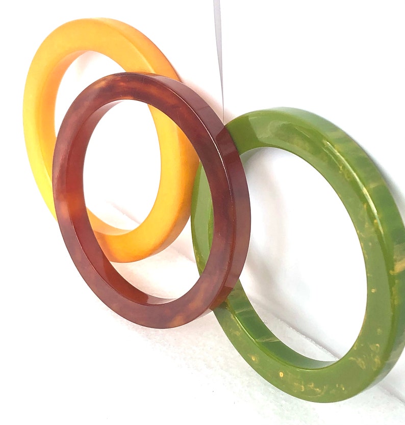 thick genuine Bakelite COG Wheel Bangle Bracelets ~65 gms of wonderful early plastic HUGE Trio