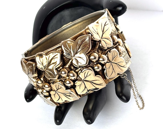 Grape-Vine motif, two-tone vintage Clamper Bracelet ~2-1/2" x 2-1/8", 1-1/2" height