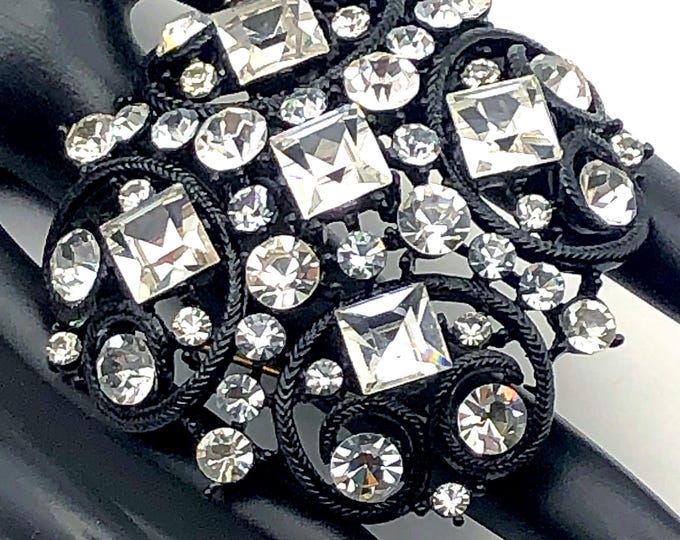 M Jent signed clear crystal & black enamel domed Pin ~32 gms of outstanding vintage costume jewelry