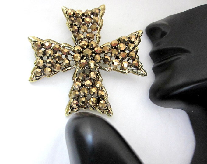 Weiss signed pretty bronze beaded crystal Maltese Cross Pin ~24 gms, 2-1/2" of vintage costume jewelry