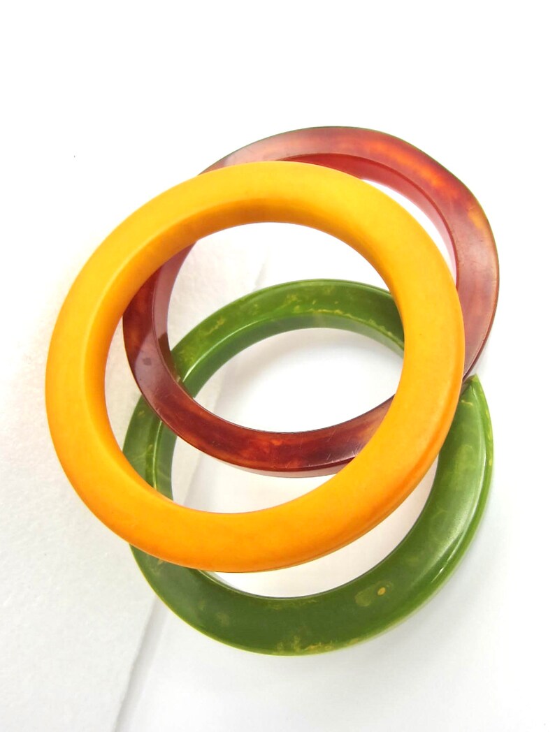 thick genuine Bakelite COG Wheel Bangle Bracelets ~65 gms of wonderful early plastic HUGE Trio