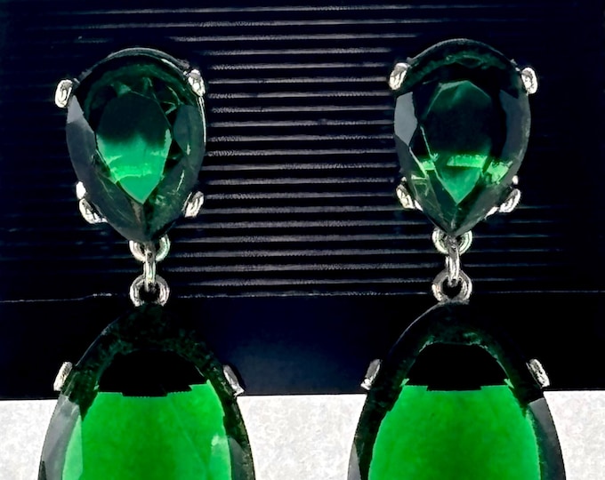 Kenneth Jay Lane signed Emerald GREEN "Jolie" oversized, Omega back (pierced) Earrings ~outstanding, collectible,  vintage costume jewelry