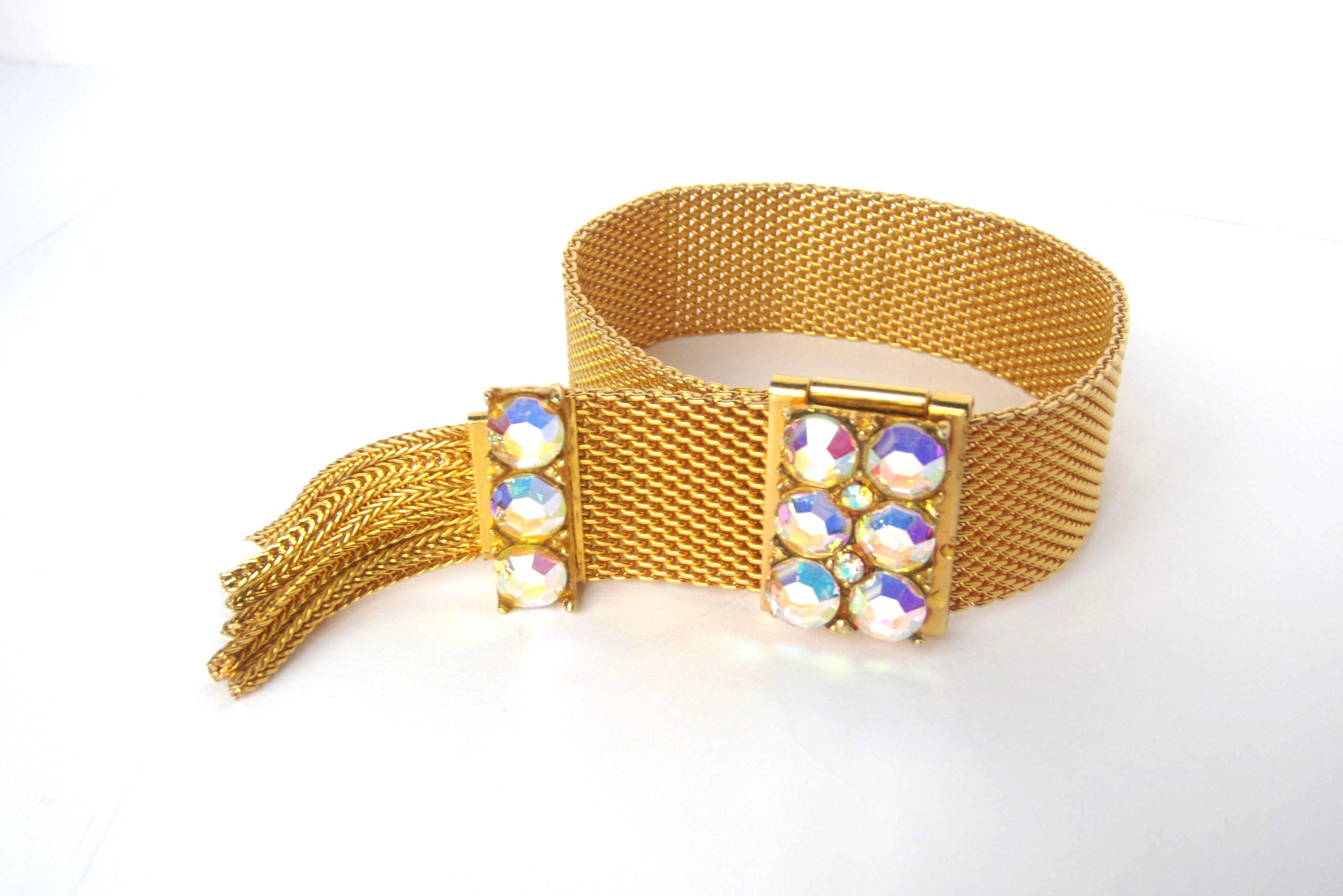 Mesh Chain & Tassel, Crystal, gold tone ADJUSTABLE, hinged Bracelet