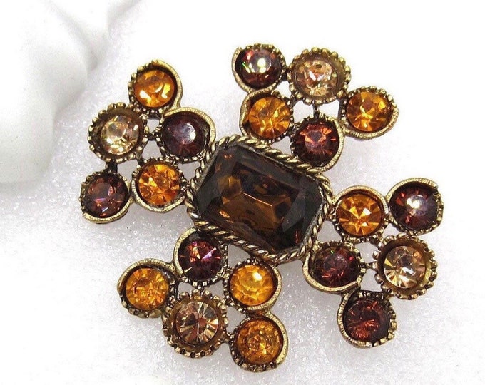 Maltese-style Cross Pin with colorful topaz & amber color crystals and black enamel ~32 gms of pretty vintage costume jewelry