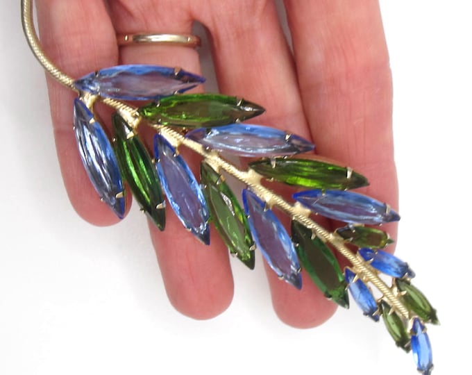 Juliana inspired feather/floral spray Brooch ~awesome oversized pin measuring ~4-1/2" x 1-1/4" with blue, green crystals