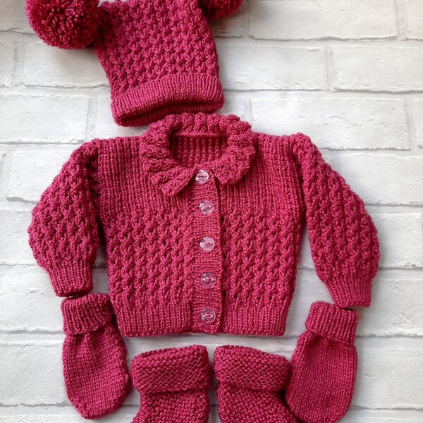 Baby coming home knit baby pram set,  0-6 months sizing, DK acrylic yarn, Photo shoot clothing, winter wardrobe, Baby shower gift.