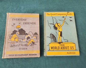 Everyday Friends and The World About Us - Vintage Children's Primary Reader 1930s - 2 Books - Childrens Primary Reader Books