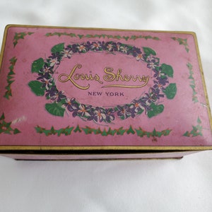 Vintage Louis Sherry New York Empty Candy Tin Pink Purple Floral Eagle Can Co.