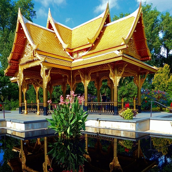 Gold Thai Pavilion photograph golden building reflecting pool Instant download photo reflection photography Thailand ornate architecture