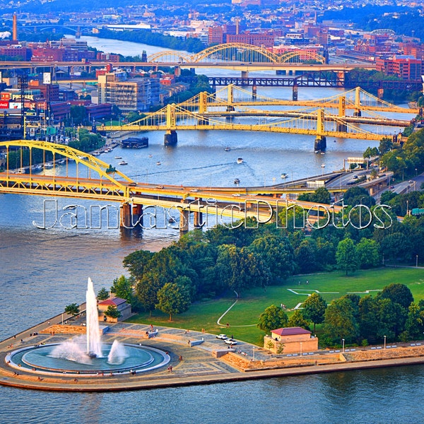 Pittsburgh Point State Park photograph instant download photo fountain bridges steel city urban Allegheny River aerial photography art