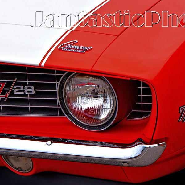 Red Camaro Z/28 photograph 1969 Chevrolet grille emblem Instant download photo white rally stripe Chevy muscle pony car automobile art
