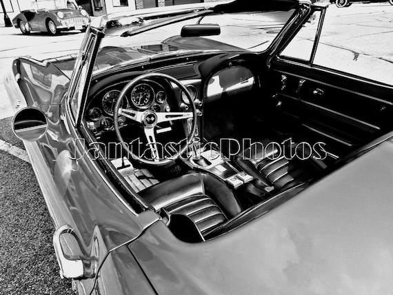 Corvette Interior Photograph 1963 Stingray Convertible Instant Download Photo Sports Car Black White Photography Chevrolet Automobile Art